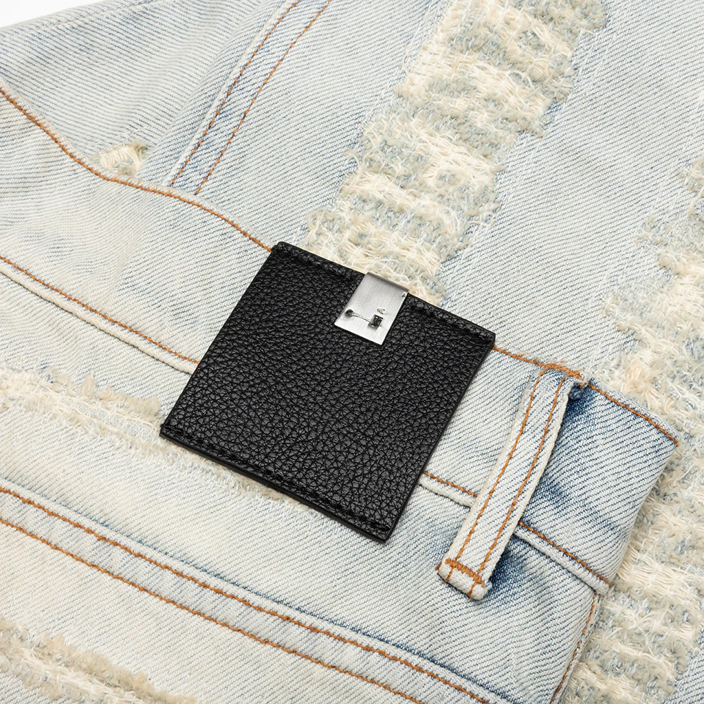 Destroyed Embroidery Jean - Tan Denim Blue - Image 5