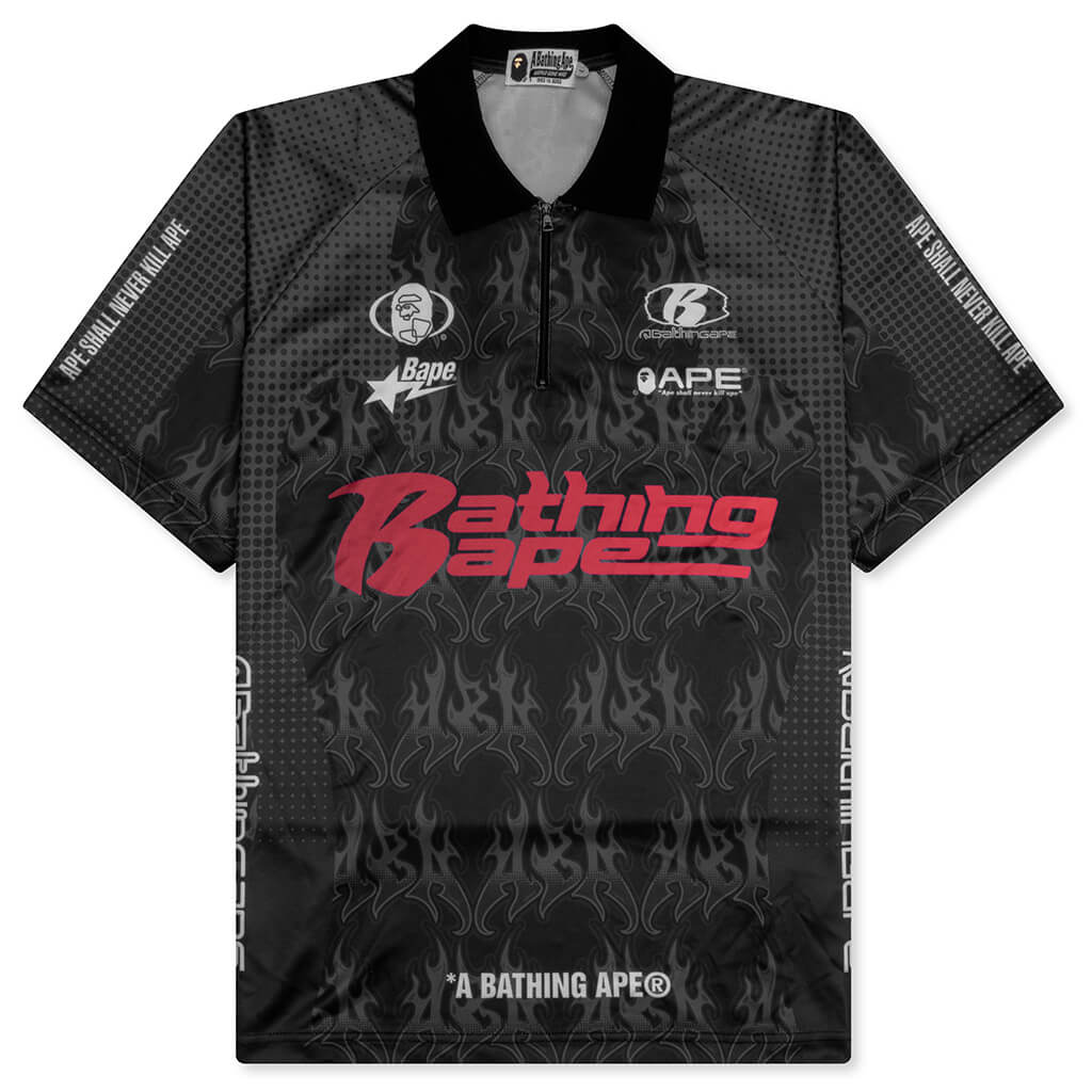 Flame Pattern Overall Print Half Zip Relax Fit Polo Shirt - Black