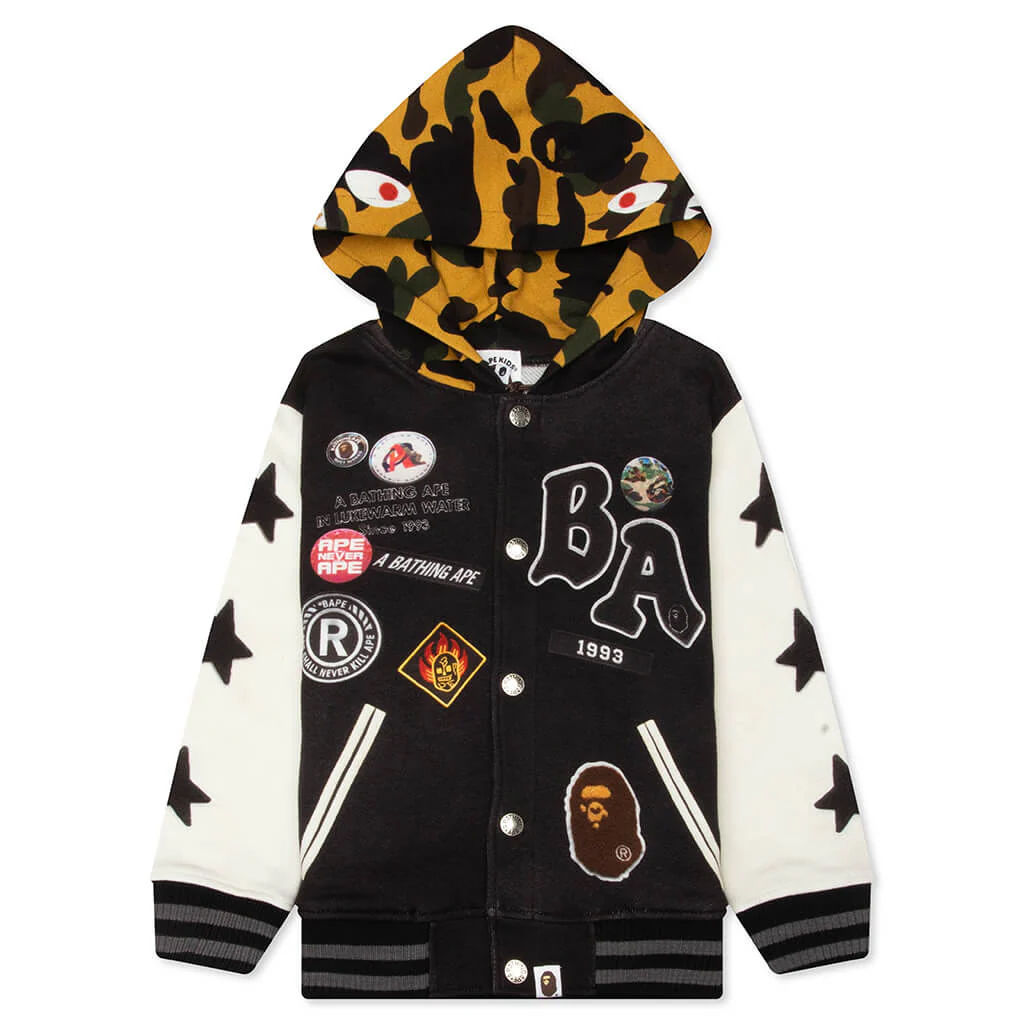 Kids 1st Camo Shark Hoodie Print Sweat Varsity Jacket - Black