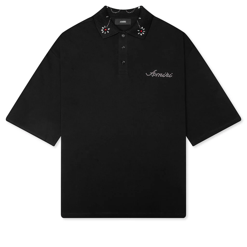 Stud Collar Oversized Polo - Black
