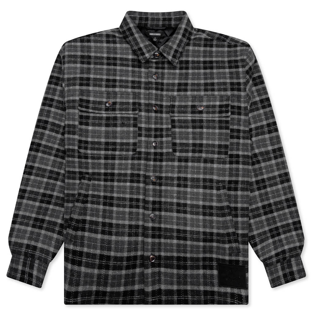 Embroidered Flannel Shirt Jacket - Black