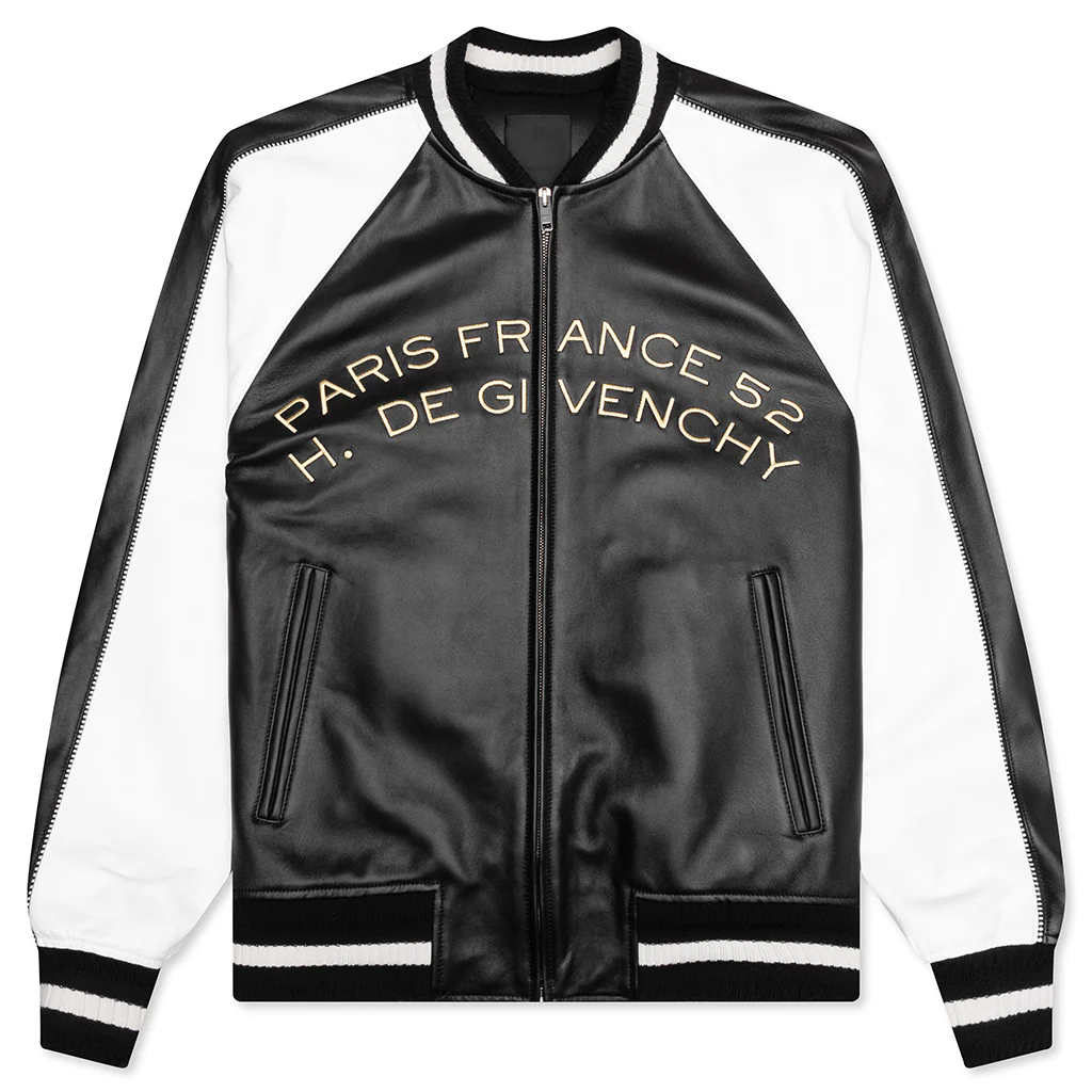 Nappa Leather Varsity Jacket with Chandelier and Snake Embroideries - Black/White