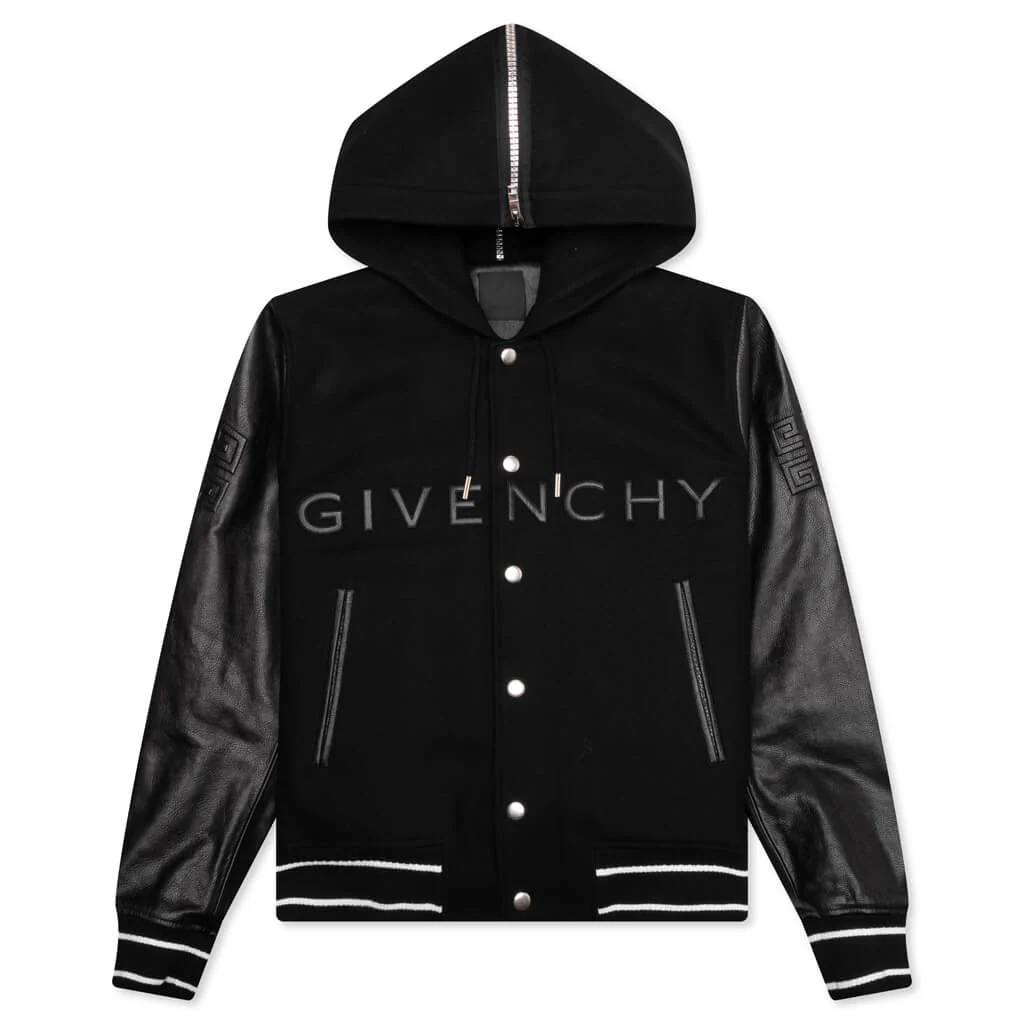 Hooded Varsity Jacket in Wool and Leather - Black