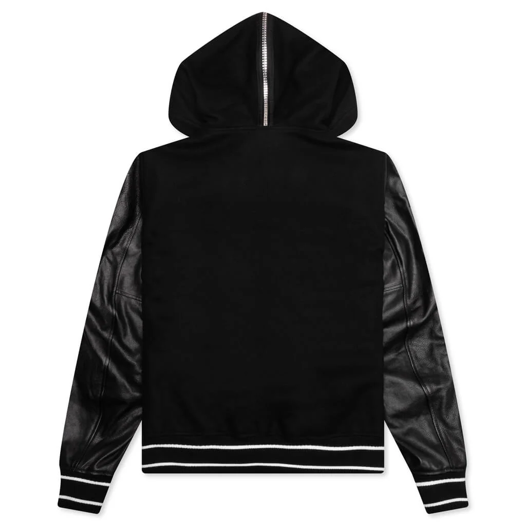 Hooded Varsity Jacket in Wool and Leather - Black - Image 2