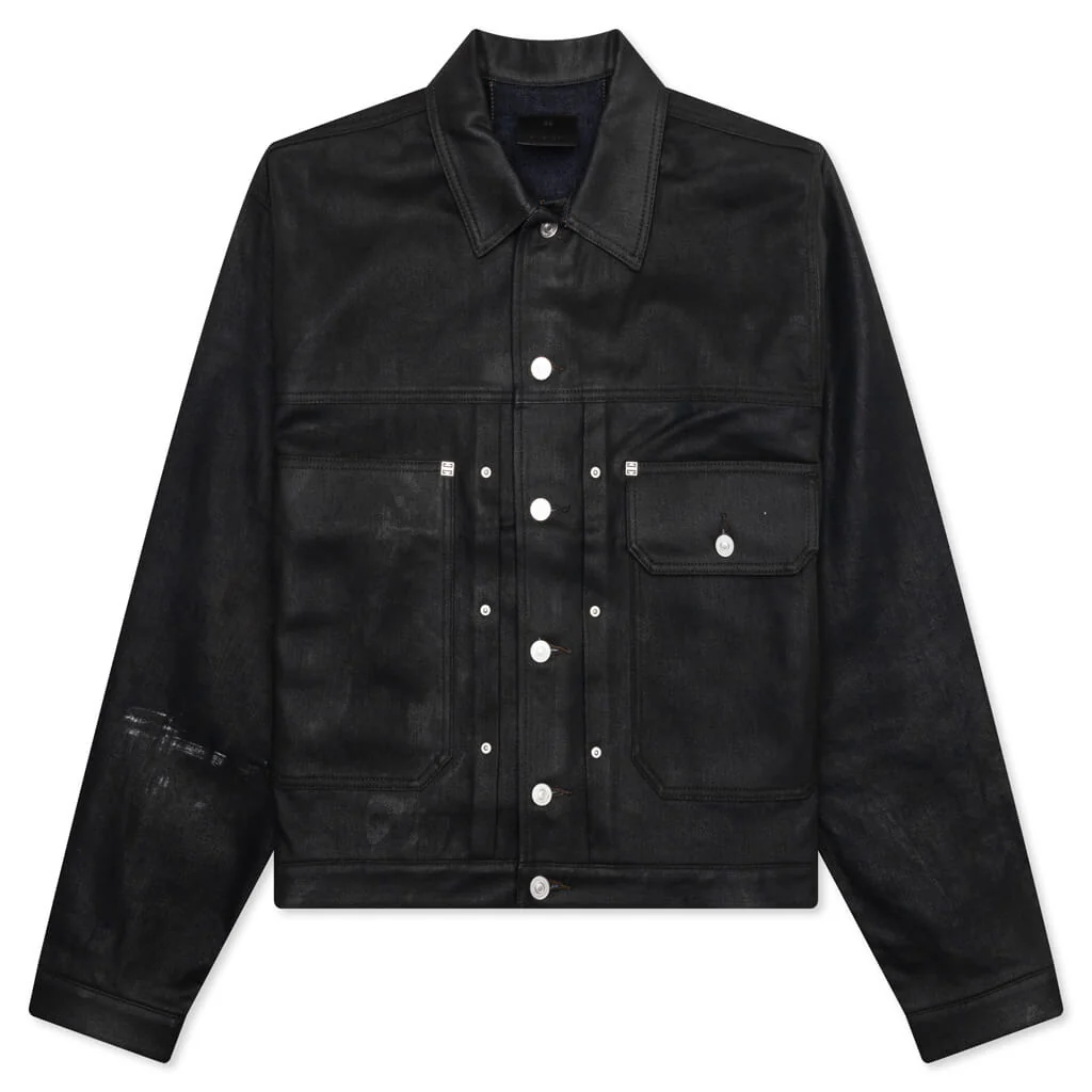 Pleated and Snapped Denim Jacket - Black