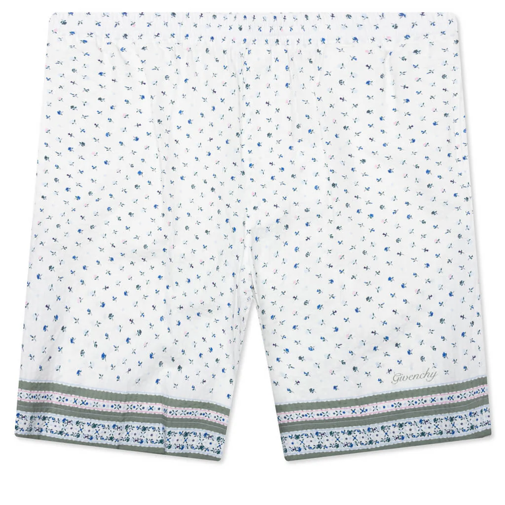 Printed Seersucker Cotton Bermuda Shorts - Cream/Green