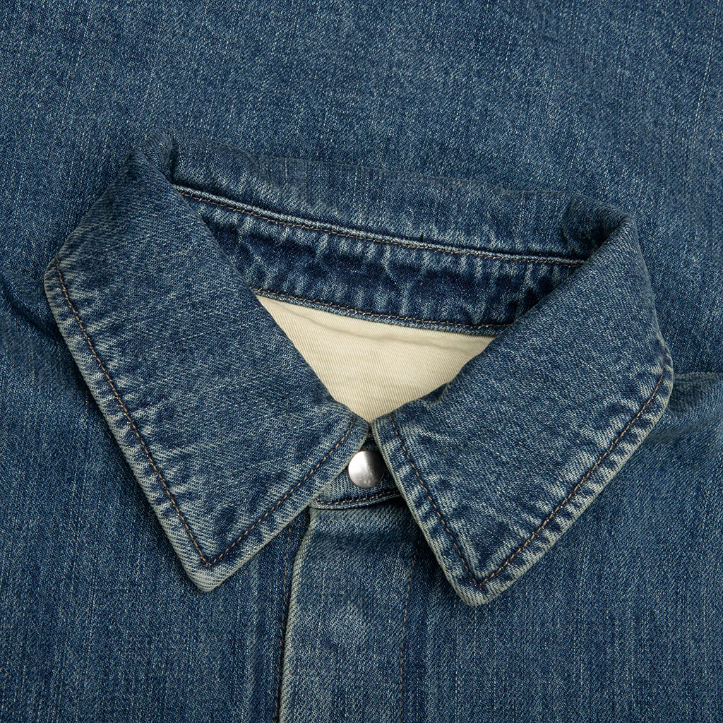 Washed and Bleached Raw Denim Shirt - Blue - Image 3