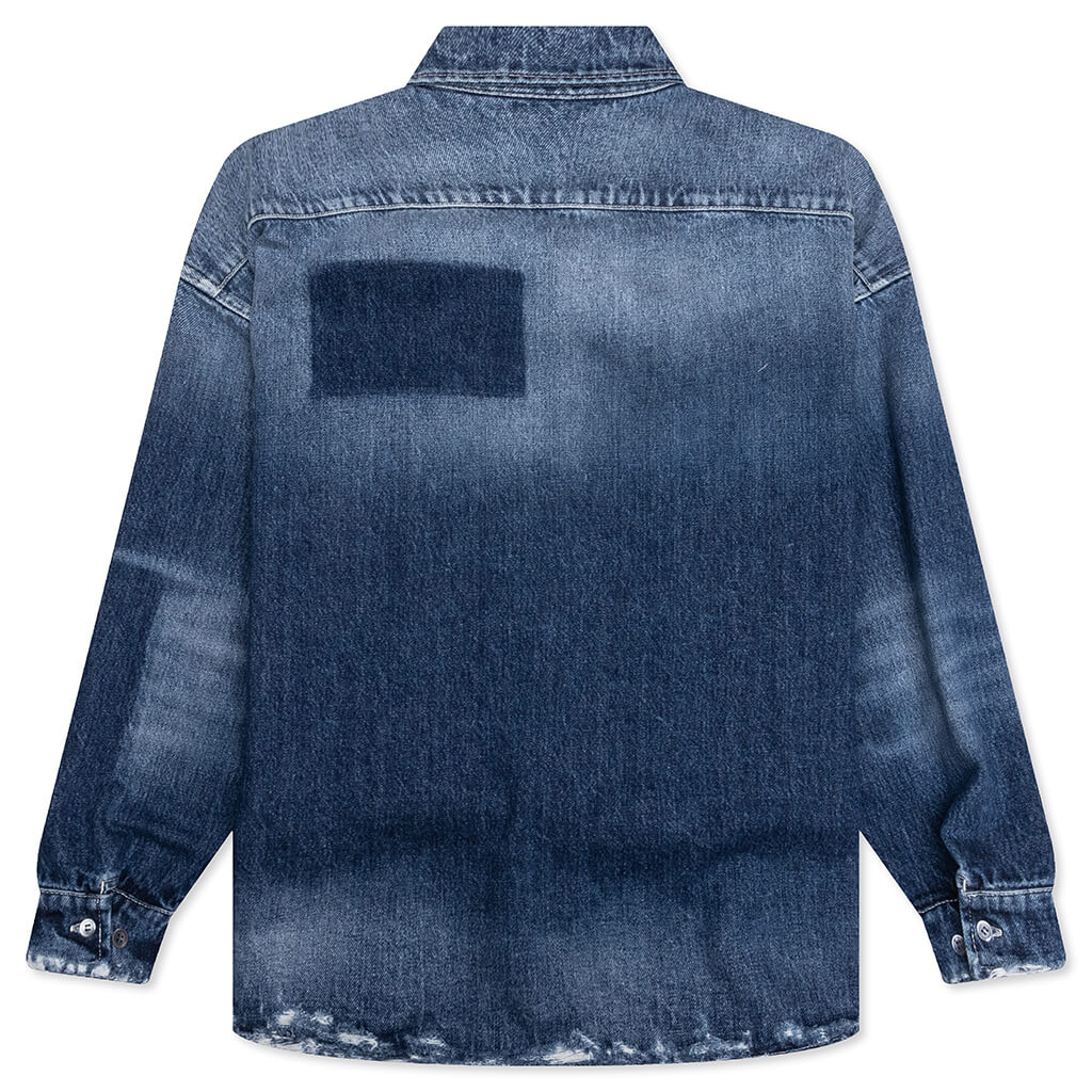 Virgin Wool Shirt With Knitted Patches - Deep Blue - Image 2