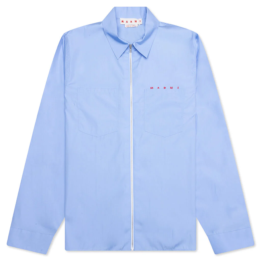 Organic Poplin Zip Shirt With Hidden Logo- Iris/Blue