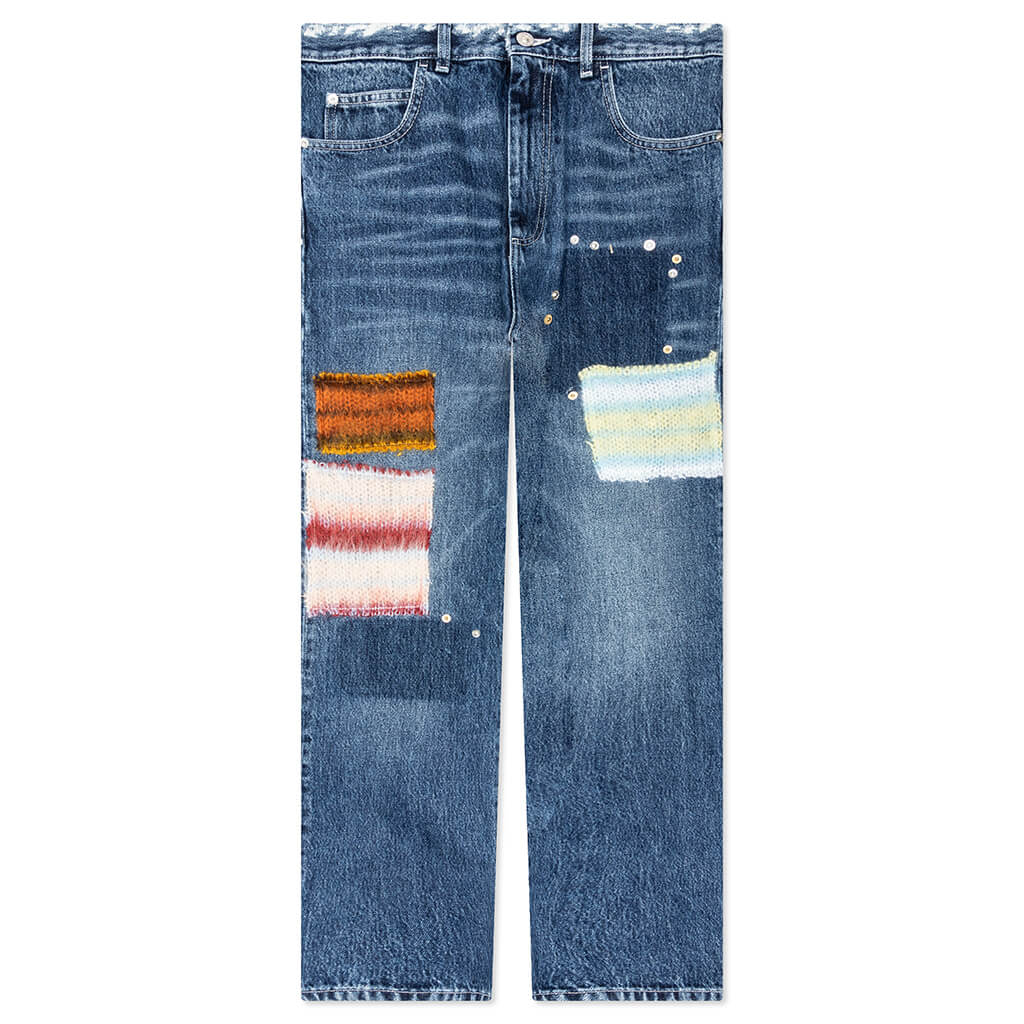 Virgin Wool Denim Trousers With Knitted Patches - Deep Blue