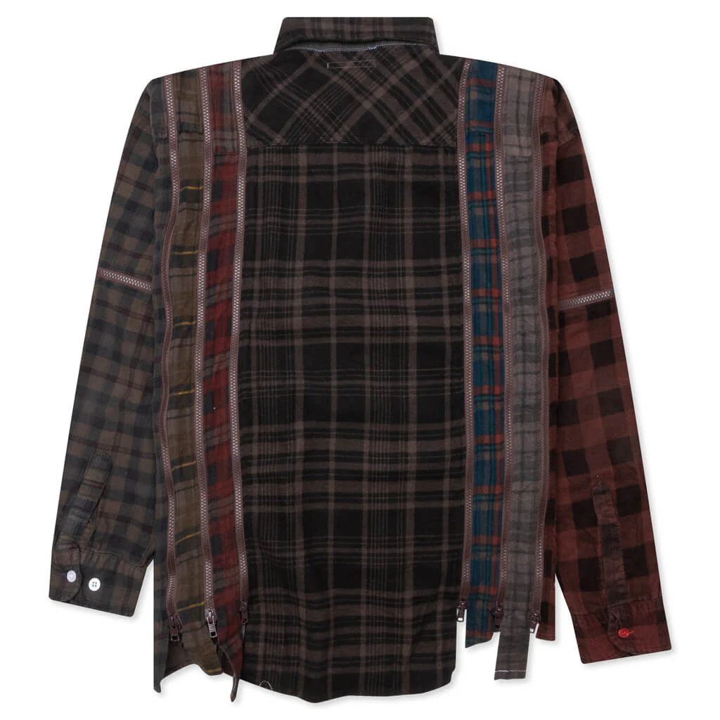 Flannel Shirt 7 Cuts Zipped Wide Shirt Over Dye - Brown - Image 2