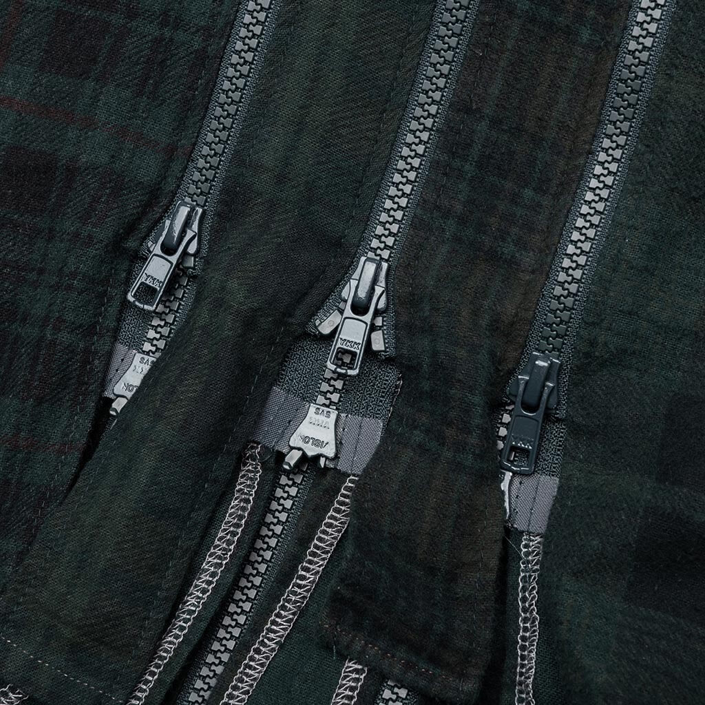 Flannel Shirt 7 Cuts Zipped Wide Shirt Over Dye - Green - Image 5