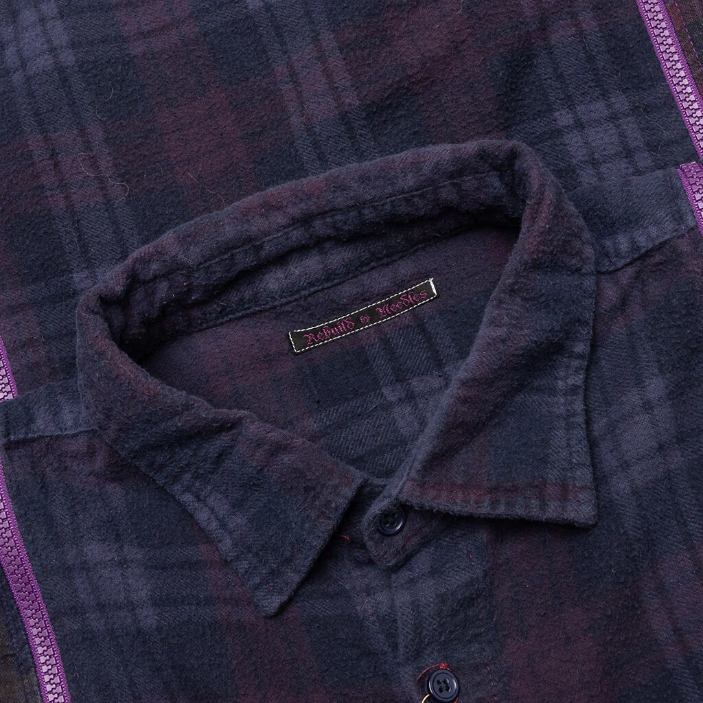 Flannel Shirt 7 Cuts Zipped Wide Shirt Over Dye - Purple - Image 3