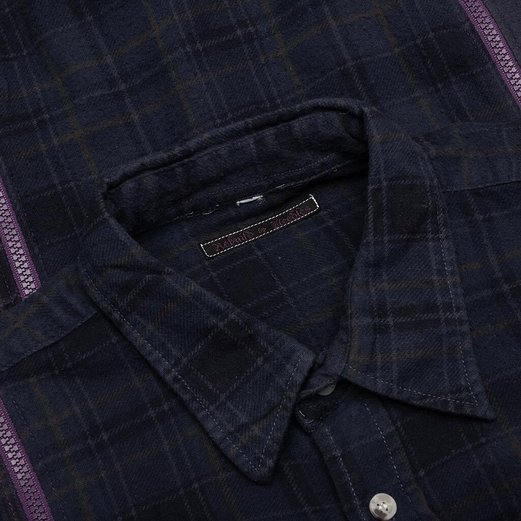 Flannel Shirt 7 Cuts Zipped Wide Shirt Over Dye - Purple - Image 3
