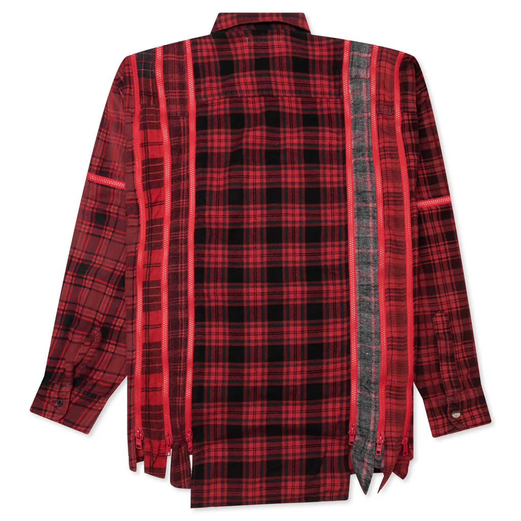 Flannel Shirt 7 Cuts Zipped Wide Shirt Over Dye - Red - Image 2