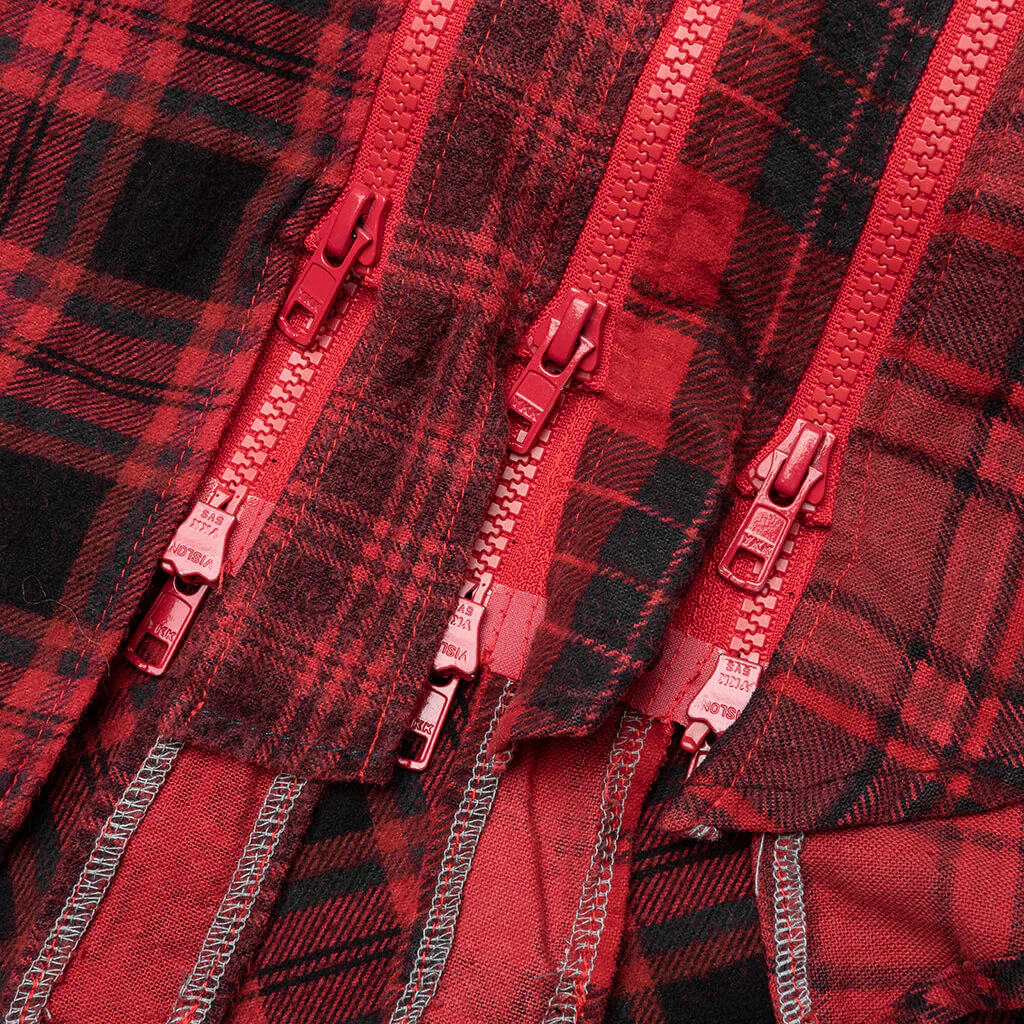 Flannel Shirt 7 Cuts Zipped Wide Shirt Over Dye - Red - Image 5