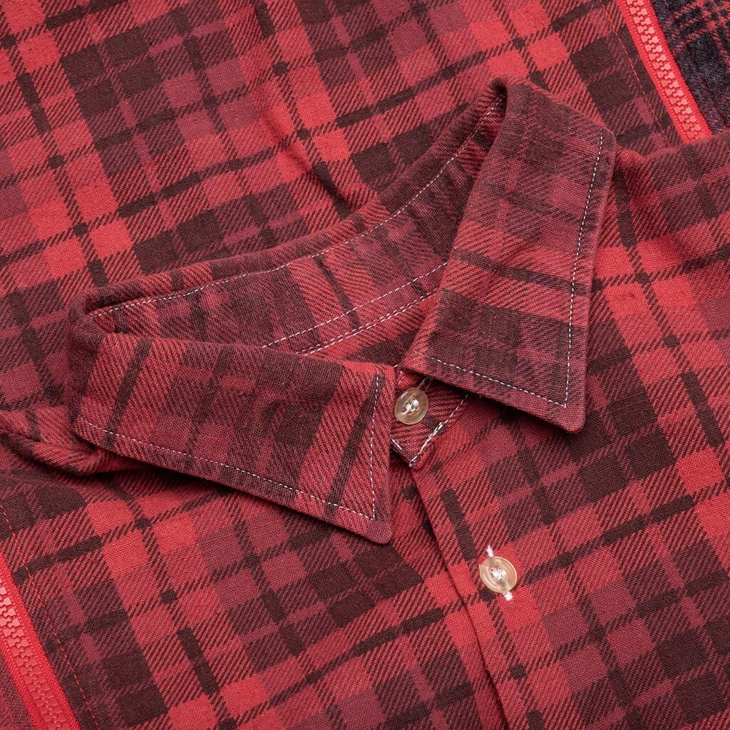Flannel Shirt 7 Cuts Zipped Wide Shirt Over Dye - Red - Image 3