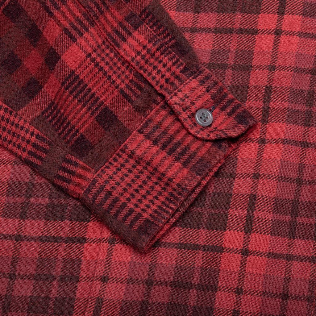 Flannel Shirt 7 Cuts Zipped Wide Shirt Over Dye - Red - Image 4