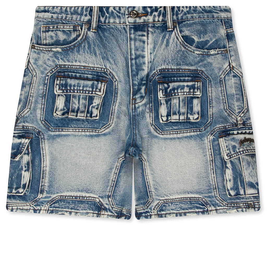 Octagon Cargo Denim Shorts - Blue