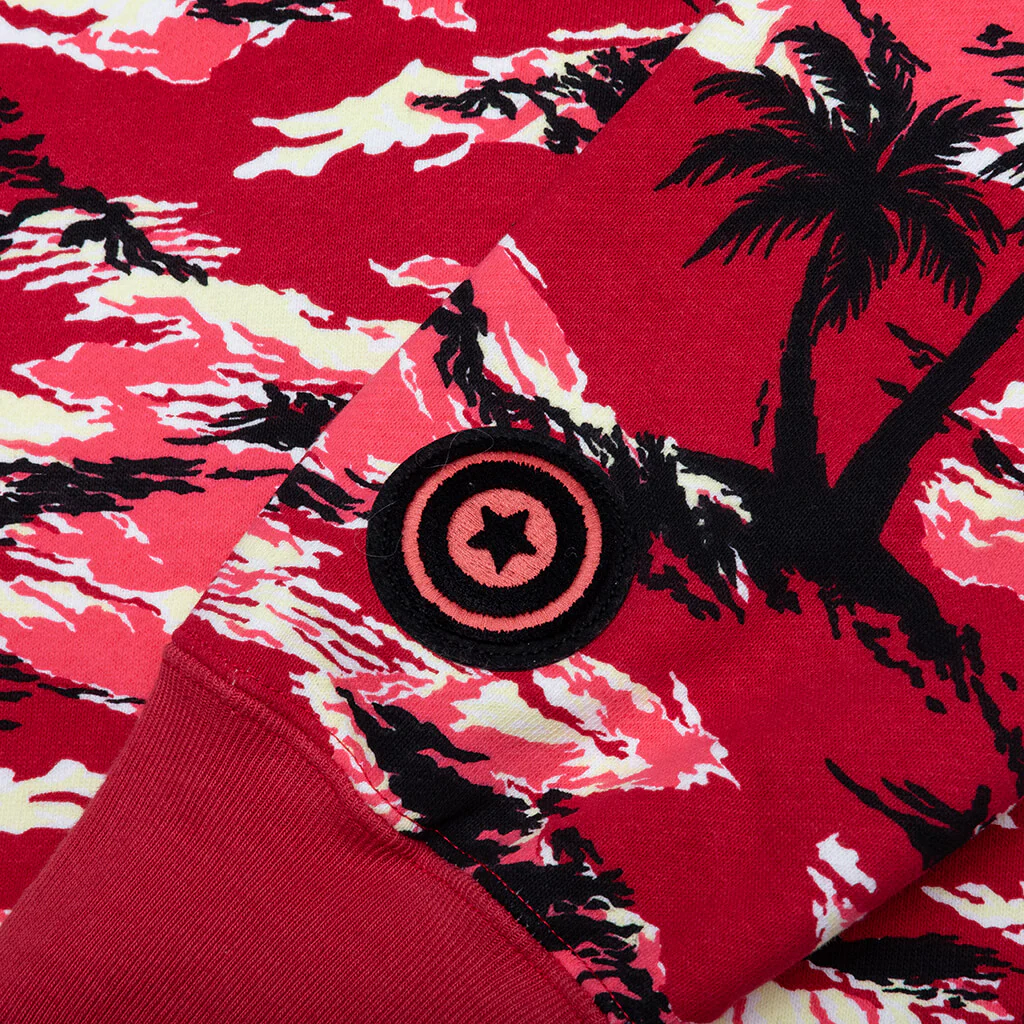 Palm Tree Camo Relaxed Fit Shark Full Zip Hoodie - Red - Image 4