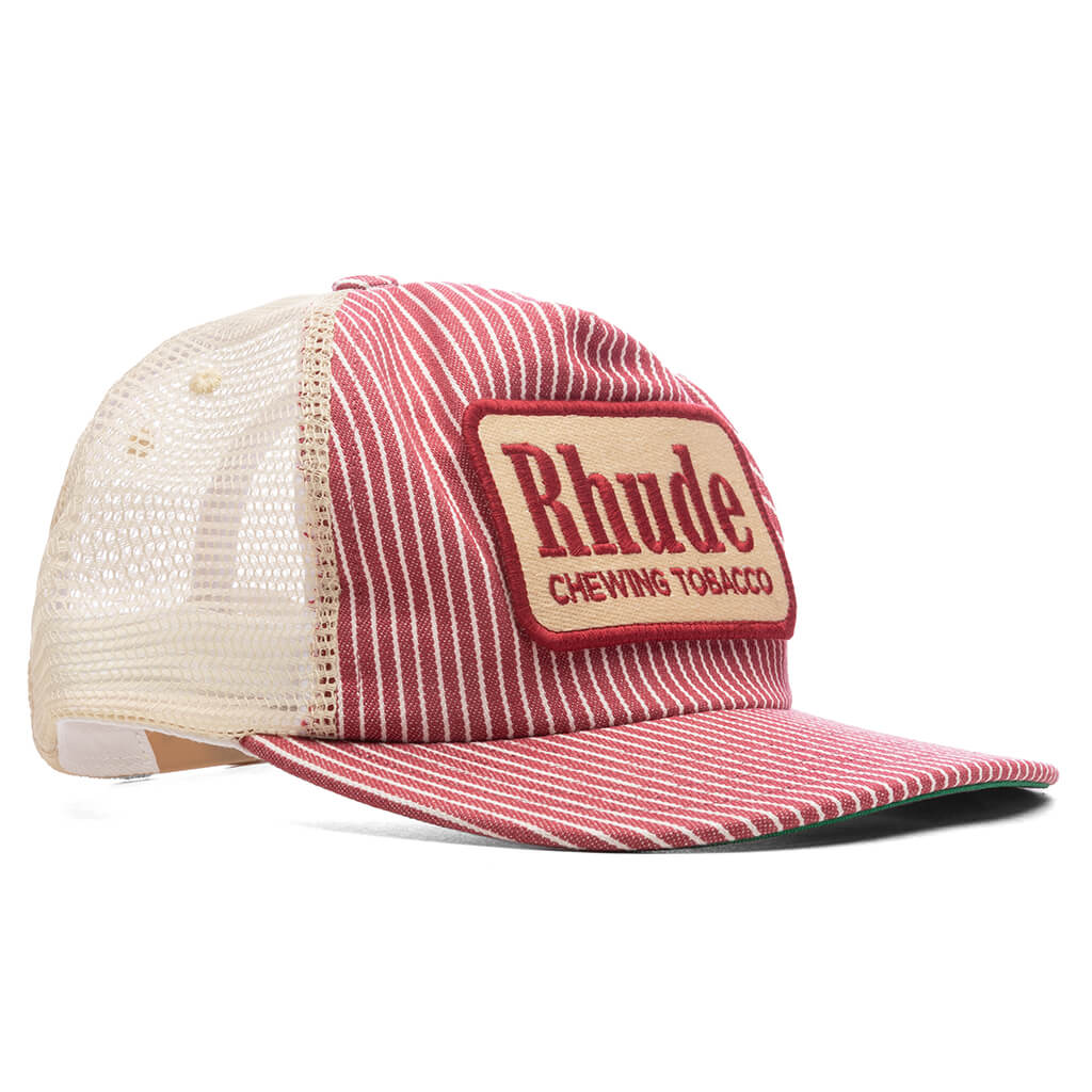 Red Striped Tobacco Trucker Hat - Red/Off White - Image 3